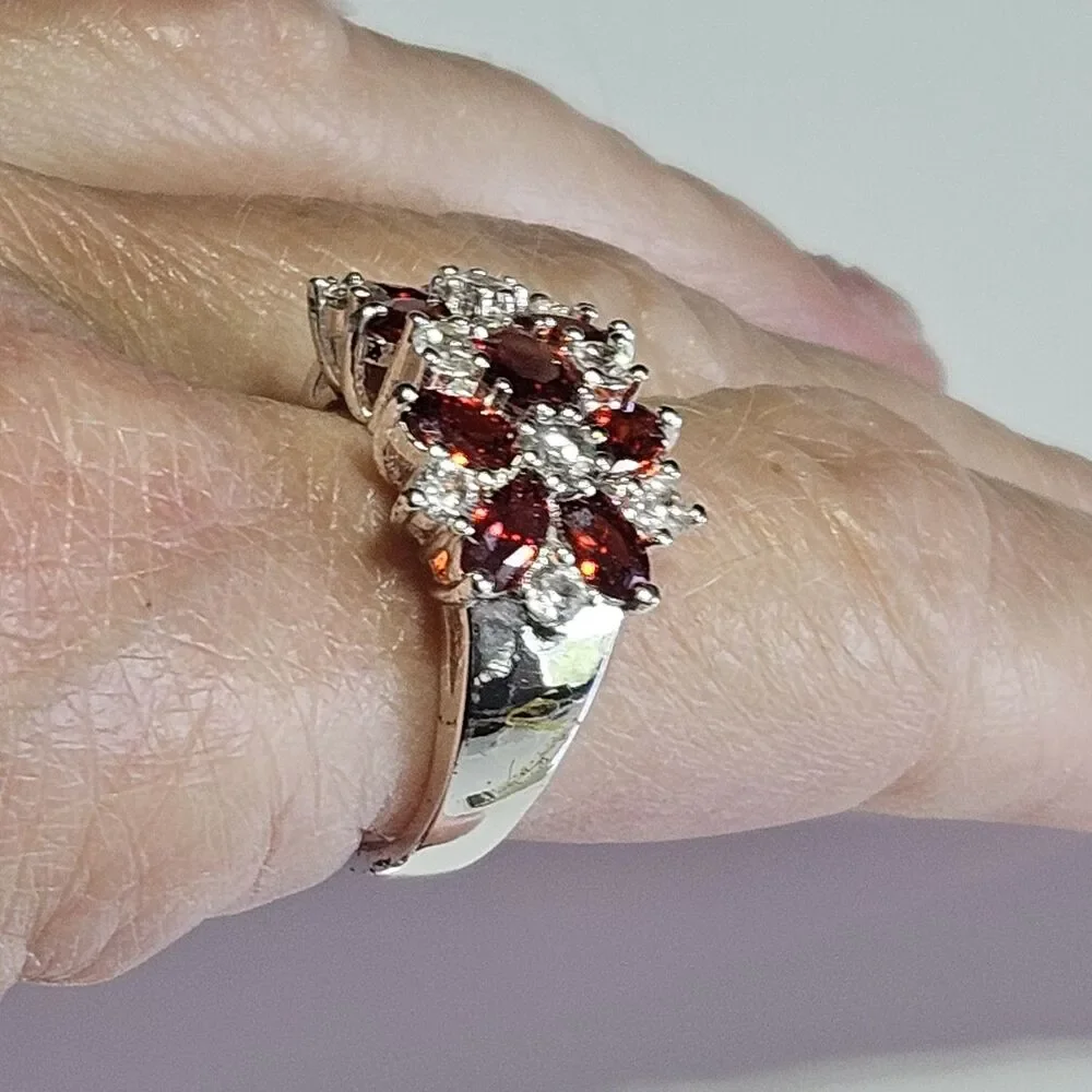 Sterling Silver Orange & Clear Rhinestone Flower Ring Sz 7.5
